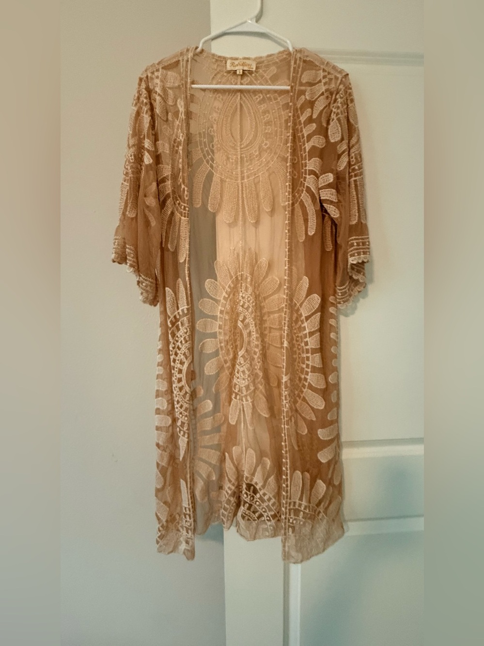Rebellion Beige Sheer Embroidered Kimono